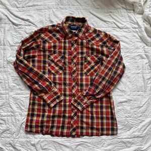 Wrangler sz XLT y2k orange western plaid pearl snap shirt cowboy summer rodeo